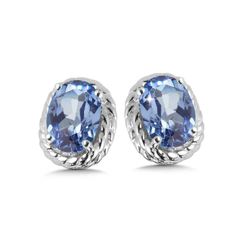 STERLING SILVER ROPE STUD EARRINGS WITH 2=6.00X4.00MM OVAL BLUE CREATED SAPPHIRES   (1.67 GRAMS)
