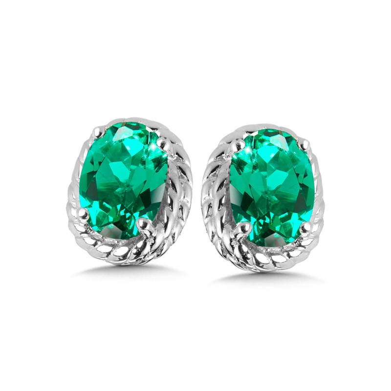 STERLING SILVER ROPE STUD EARRINGS WITH 2=6.00X4.00MM OVAL CREATED EMERALDS   (1.73 GRAMS)