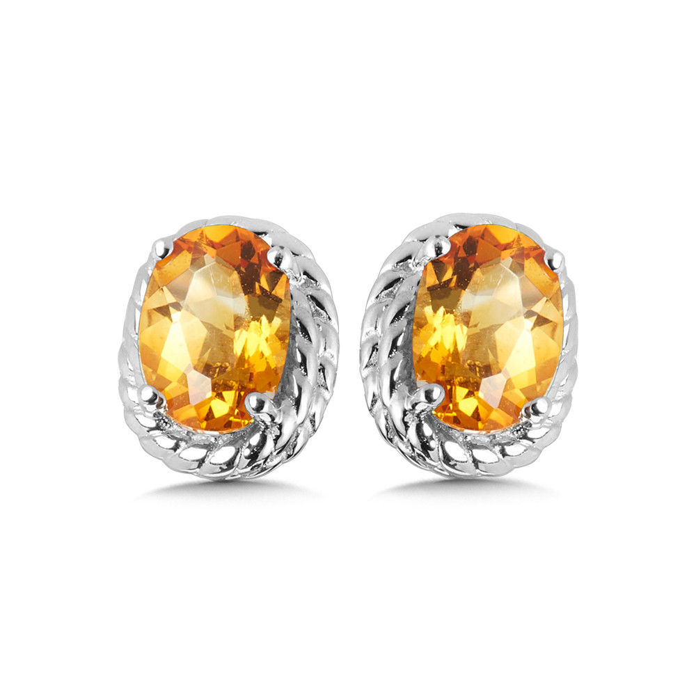 STERLING SILVER ROPE STUD EARRINGS WITH 2=6.00X4.00MM OVAL CITRINES   (1.69 GRAMS)