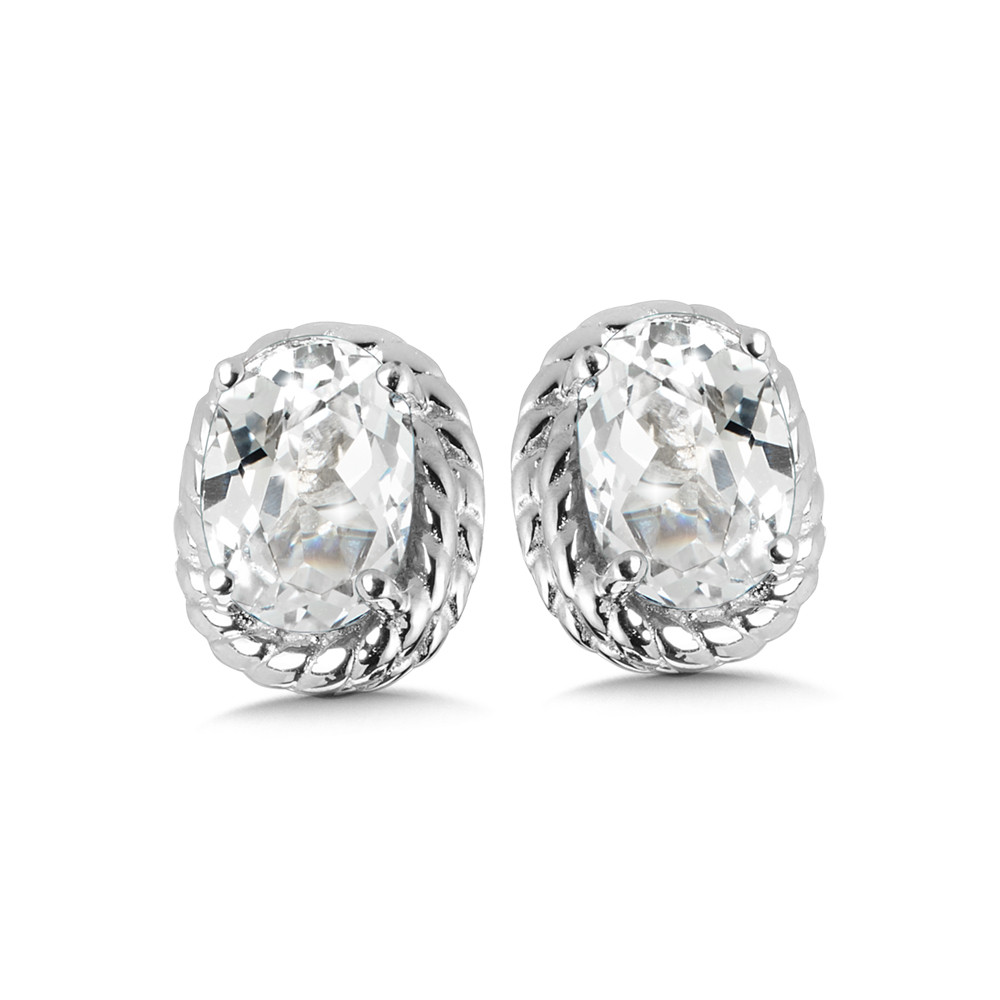 STERLING SILVER ROPE STUD EARRINGS WITH 2=6.00X4.00MM OVAL WHITE CREATED SAPPHIRES   (1.69 GRAMS)