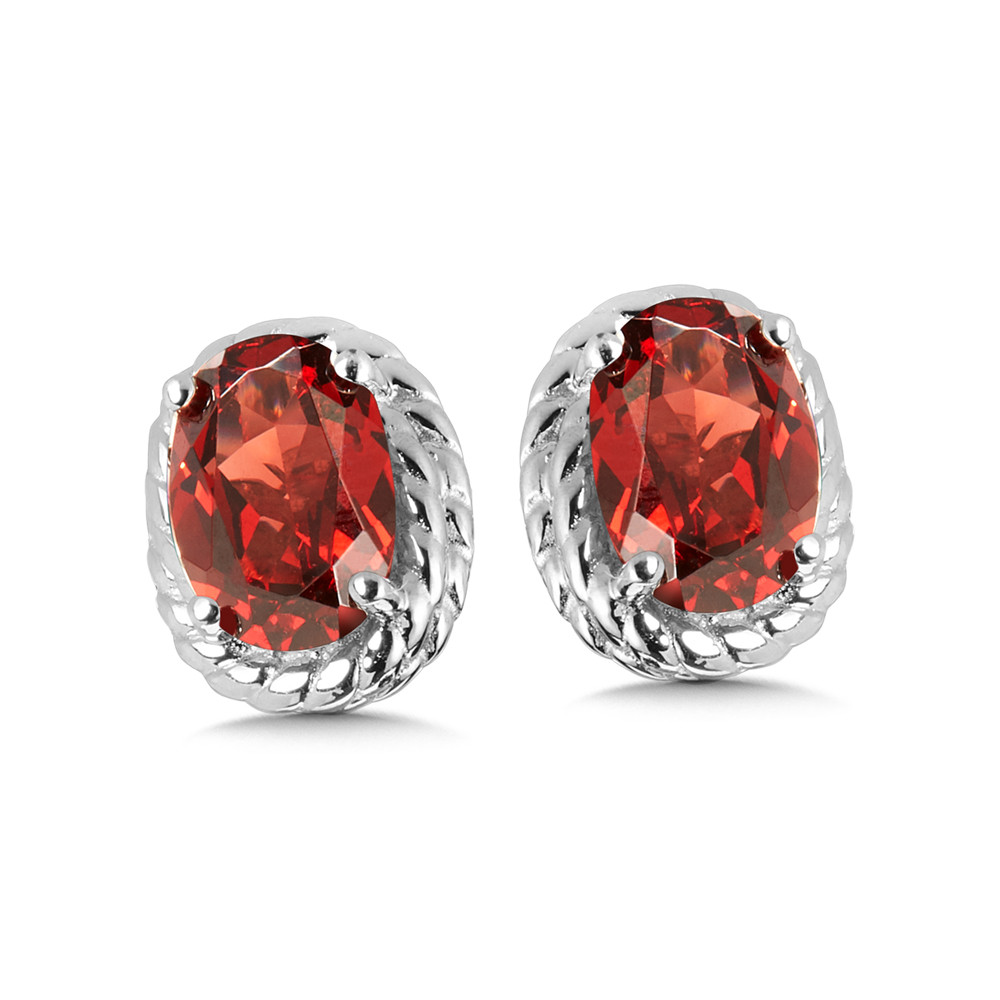 STERLING SILVER ROPE STUD EARRINGS WITH 2=6.00X4.00MM OVAL GARNETS   (1.74 GRAMS)