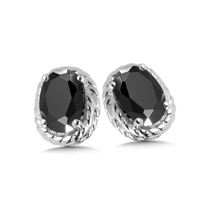 STERLING SILVER ROPE STUD EARRINGS WITH 2=6.00X4.00MM OVAL ONYXS   (1.61 GRAMS)