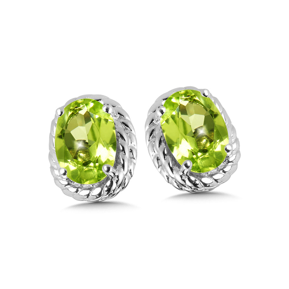 STERLING SILVER ROPE STUD EARRINGS WITH 2=6.00X4.00MM OVAL PERIDOTS   (1.71 GRAMS)