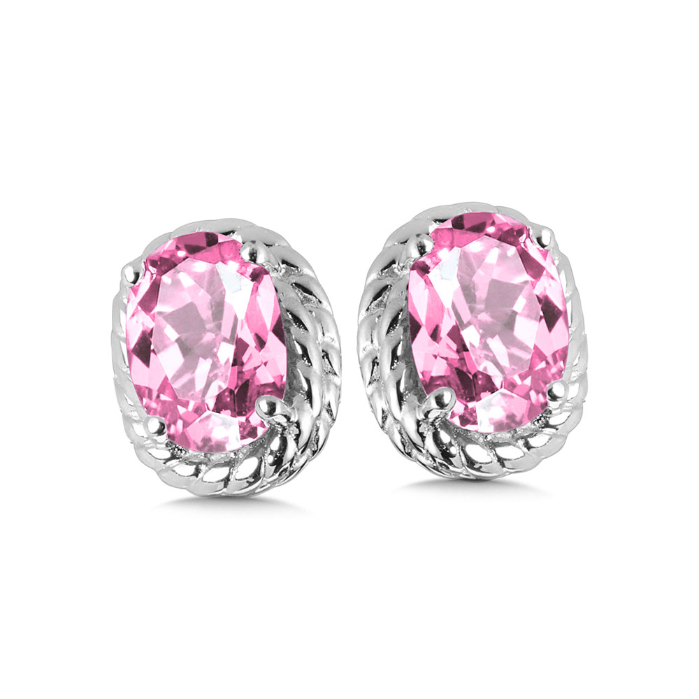 STERLING SILVER ROPE STUD EARRINGS WITH 2=6.00X4.00MM OVAL PINK CREATED SAPPHIRES   (1.69 GRAMS)