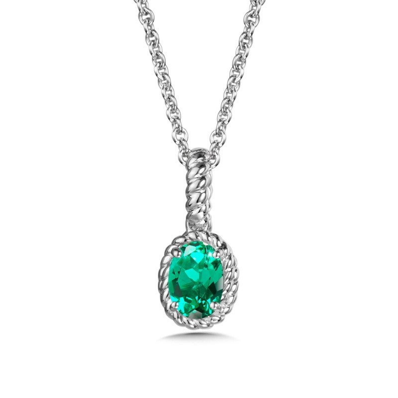 STERLING SILVER ROPE PENDANT WITH ONE 7.00X5.00MM OVAL CREATED EMERALD 18