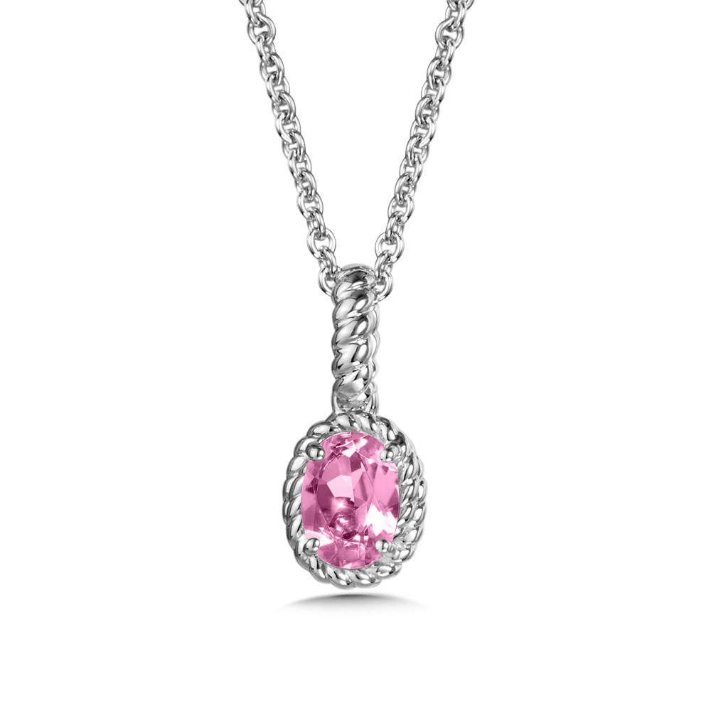 STERLING SILVER ROPE PENDANT WITH ONE 7.00X5.00MM OVAL PINK CREATED SAPPHIRE 18