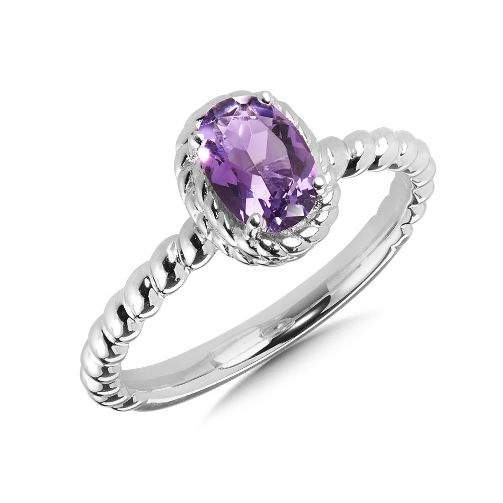STERLING SILVER ROPE RING SIZE 7 WITH ONE 7.00X5.00MM OVAL AMETHYST  (2.89 GRAMS)