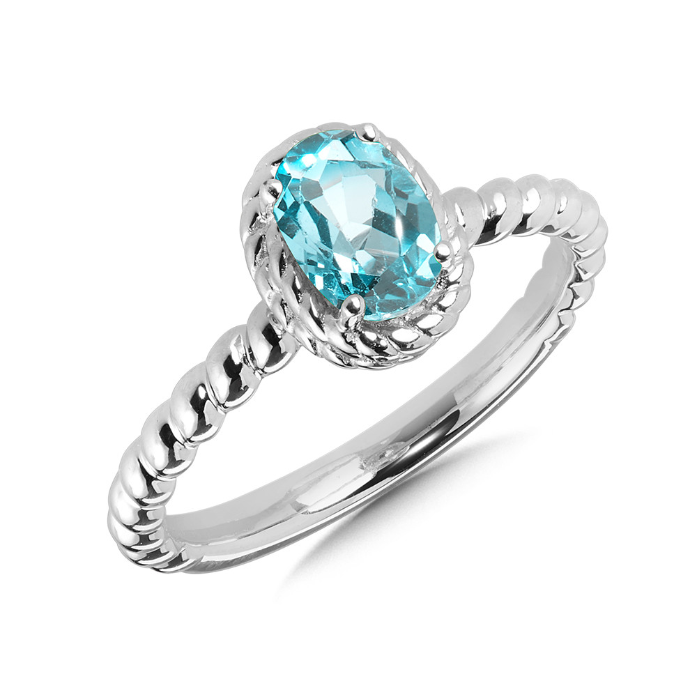 STERLING SILVER ROPE RING SIZE 7 WITH ONE 7.00X5.00MM OVAL AQUA   (2.81 GRAMS)