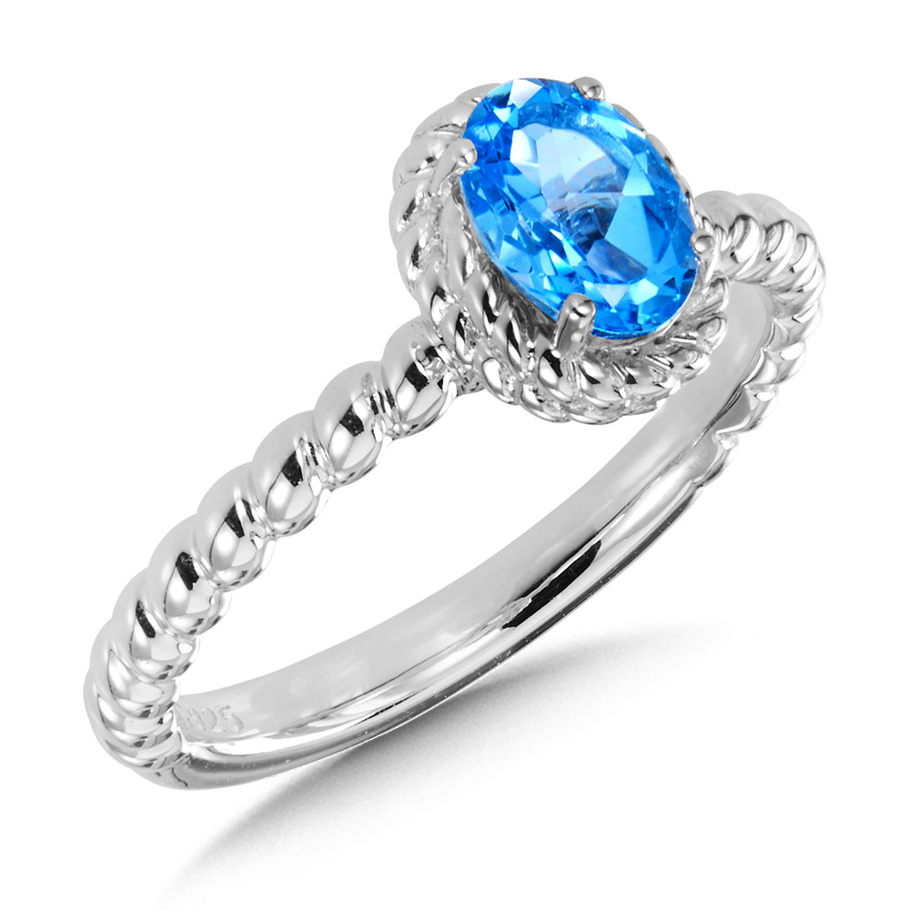 STERLING SILVER ROPE RING SIZE 7 WITH ONE 7.00X5.00MM OVAL BLUE TOPAZ   (2.94 GRAMS)