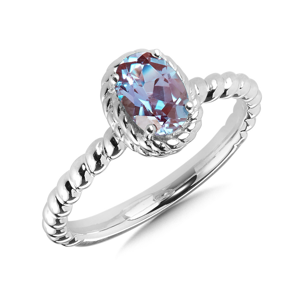 STERLING SILVER ROPE RING SIZE 7 WITH ONE 7.00X5.00MM OVAL CREATED ALEXANDRITE   (3.01 GRAMS)