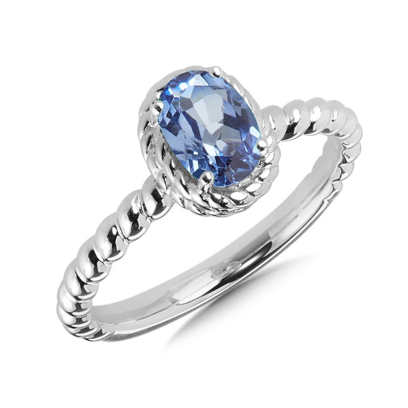STERLING SILVER ROPE RING SIZE 7 WITH ONE 7.00X5.00MM OVAL BLUE CREATED SAPPHIRE    (2.92 GRAMS)