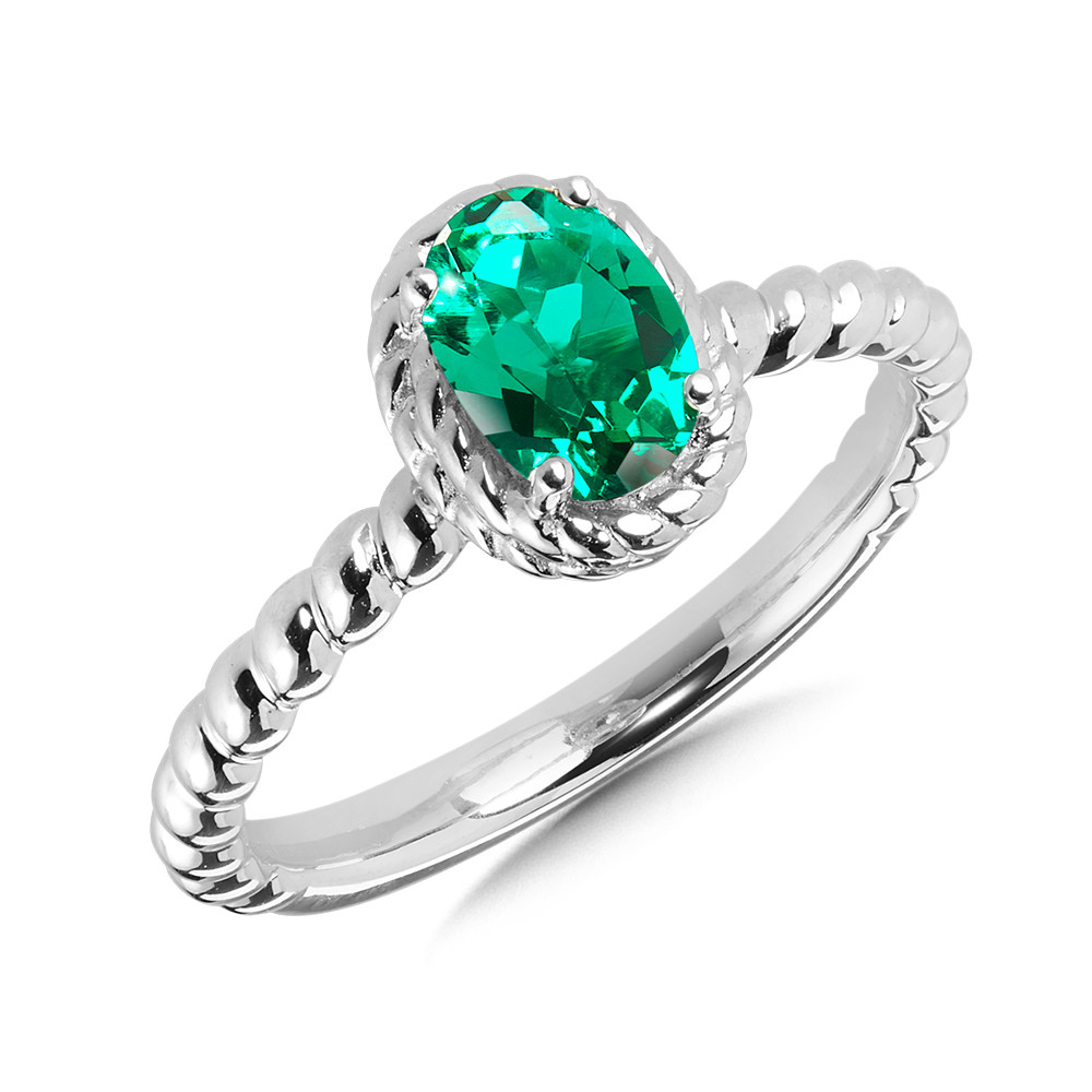 STERLING SILVER ROPE RING SIZE 7 WITH ONE 7.00X5.00MM OVAL CREATED EMERALD    (2.82 GRAMS)