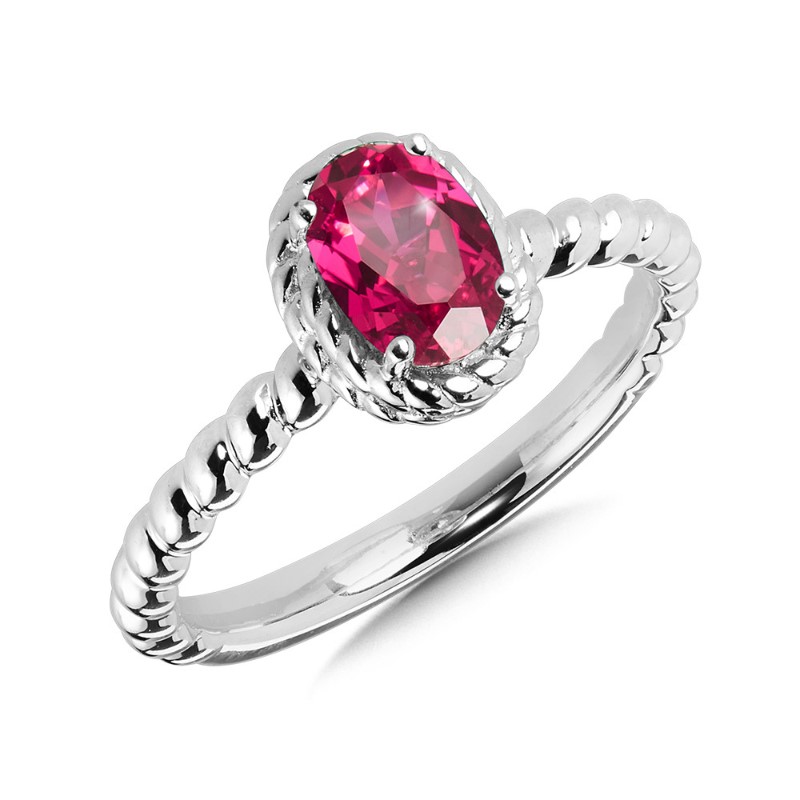 STERLING SILVER ROPE RING SIZE 7 WITH ONE 7.00X5.00MM OVAL CREATED RUBY   (2.97 GRAMS)