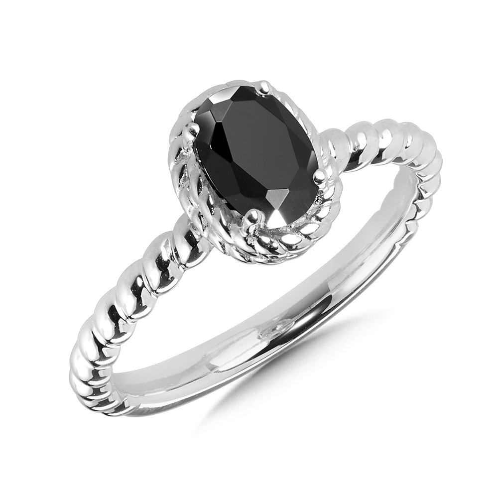 STERLING SILVER ROPE RING SIZE 7 WITH ONE 7.00X5.00MM OVAL ONYX   (2.90 GRAMS)