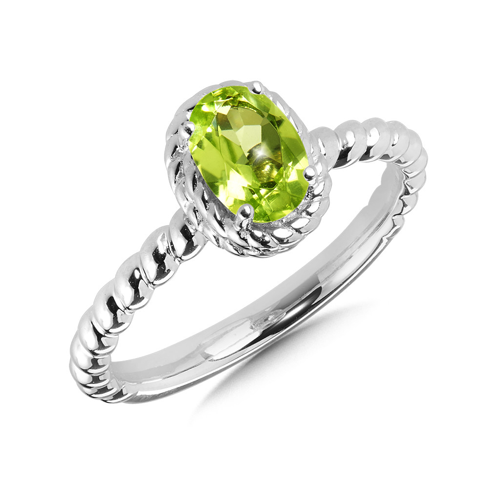 STERLING SILVER ROPE  RING SIZE 7 WITH ONE 7.00X5.00MM OVAL PERIDOT    (2.87 GRAMS)
