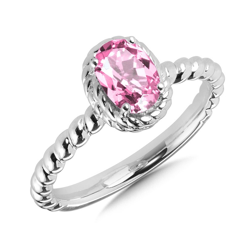 STERLING SILVER ROPE RING SIZE 7 WITH ONE 7.00X5.00MM OVAL PINK CREATED SAPPHIRE    (2.91 GRAMS)