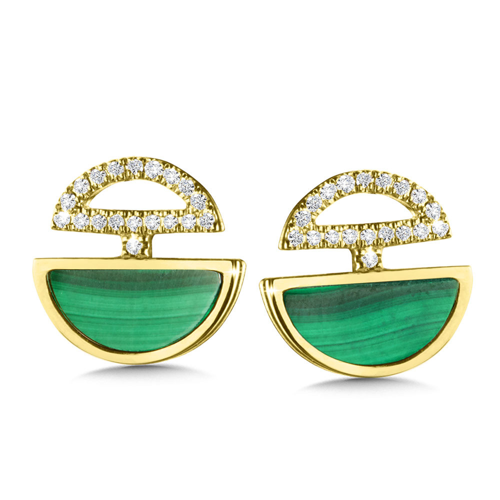 14K YELLOW GOLD STUD EARRINGS WITH 2=0.86TW V MALACHITES AND 38=0.10TW SINGLE CUT G-H SI1-SI2 DIAMONDS   (2.14 GRAMS)
