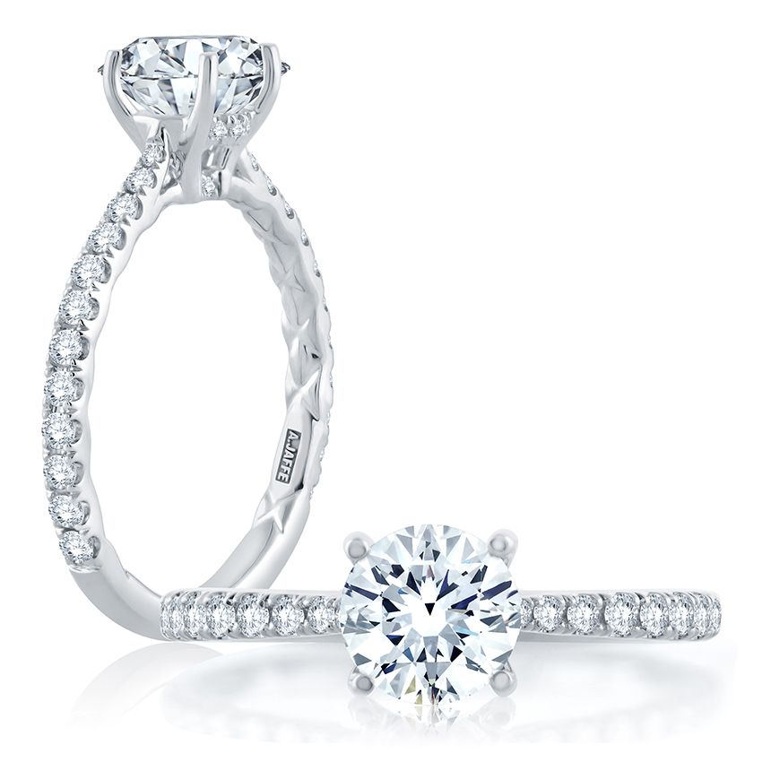 18K WHITE GOLD HIDDEN HALO SEMI-MOUNT RING SIZE 6 WITH 34=0.42TW ROUND G-H SI1 DIAMONDS   (3.98 GRAMS)