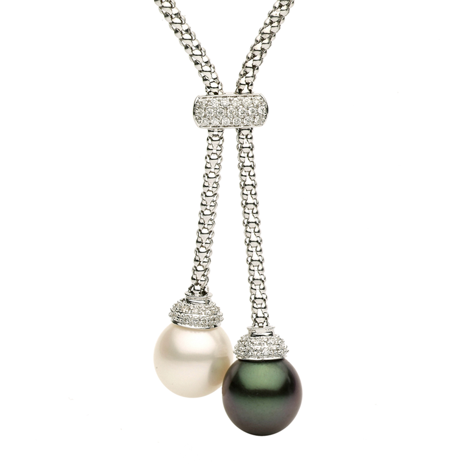 18K WHITE GOLD LARIAT PEARL STRAND ONE 11.00X12.00MM SOUTH SEA PEARL  ONE 11.00X12.00MM TAHITIAN PEARL AND 37=0.25TW ROUND G-H SI1-SI2 DIAMONDS