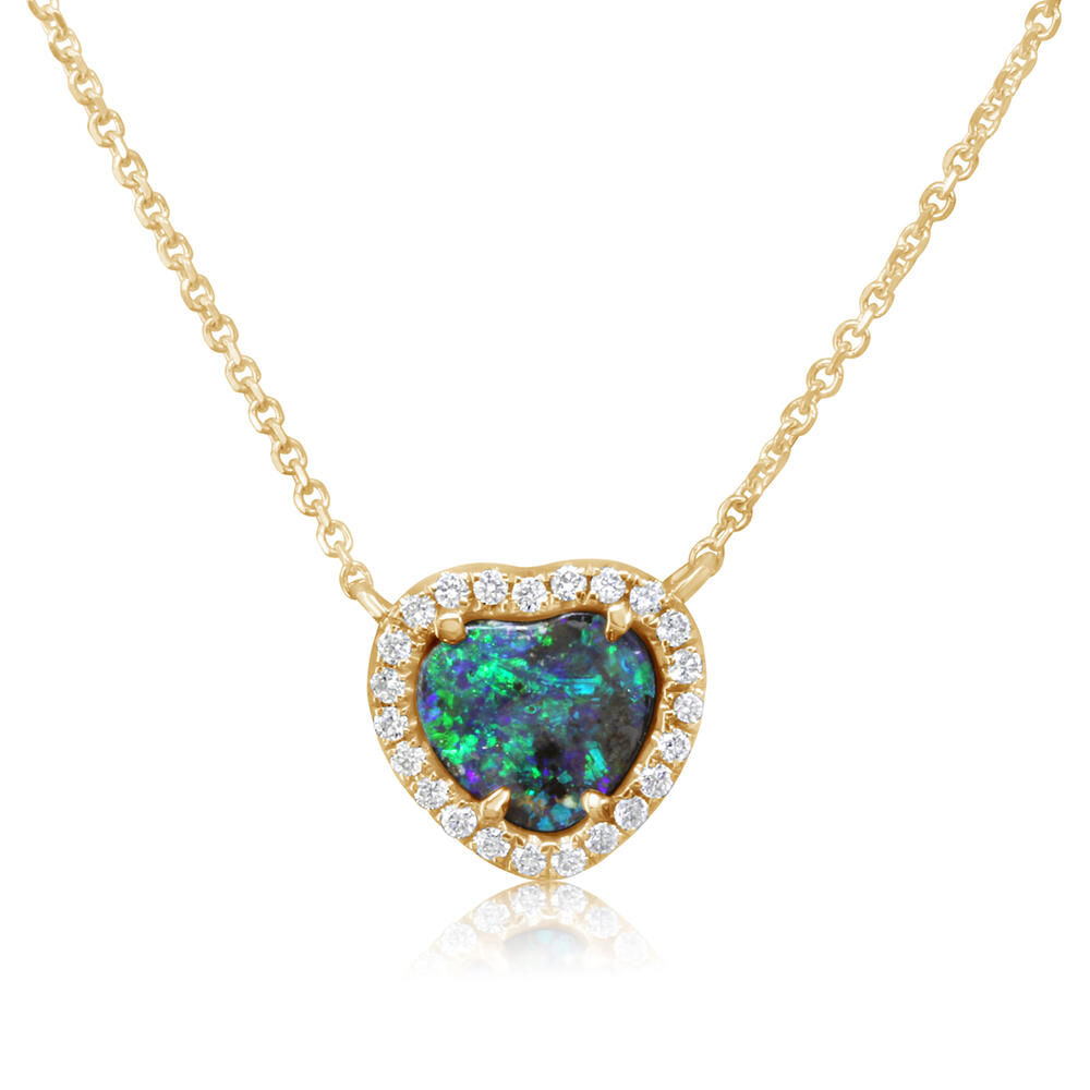 14K YELLOW GOLD HALO NECKLACE WITH ONE 1.12CT HEART AUSTRALIAN BOULDER OPAL AND 23=0.14TW ROUND H-I SI2 DIAMONDS 18