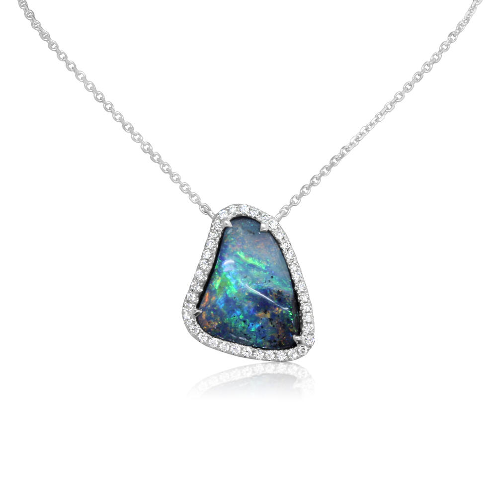 14K WHITE GOLD HALO NECKLACE WITH ONE 6.24CT FREEFORM AUSTRALIAN BOULDER OPAL AND 38=0.23TW ROUND H-I SI2 DIAMONDS 18