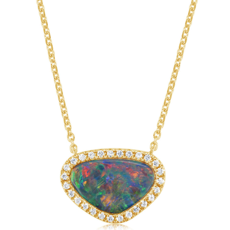 14K YELLOW GOLD HALO NECKLACE WITH ONE = 1.50CT FREEFORM AUSTRALIAN DOUBLET OPAL AND 27 = 0.16TW ROUND H-I SI2 DIAMONDS 18