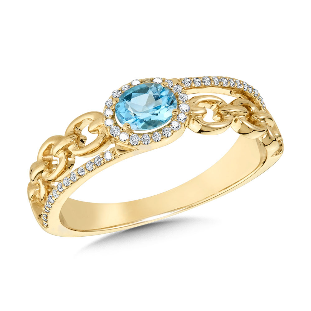 14K YELLOW GOLD HALO PAPERCLIP RING SIZE 7 WITH ONE 0.50CT OVAL BLUE TOPAZ AND 48=0.13TW ROUND H-I I1 DIAMONDS   (3.02 GRAMS)
