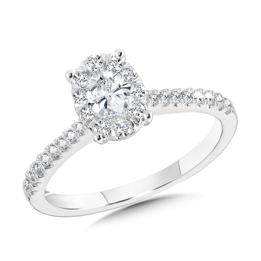 14K WHITE GOLD HALO ENGAGEMENT RING SIZE 7 WITH 28=0.75TW ROUND H-I SI3-I1 DIAMONDS AND ONE OVAL H-I SI3-I1 DIAMOND    (3.08 GRAMS)