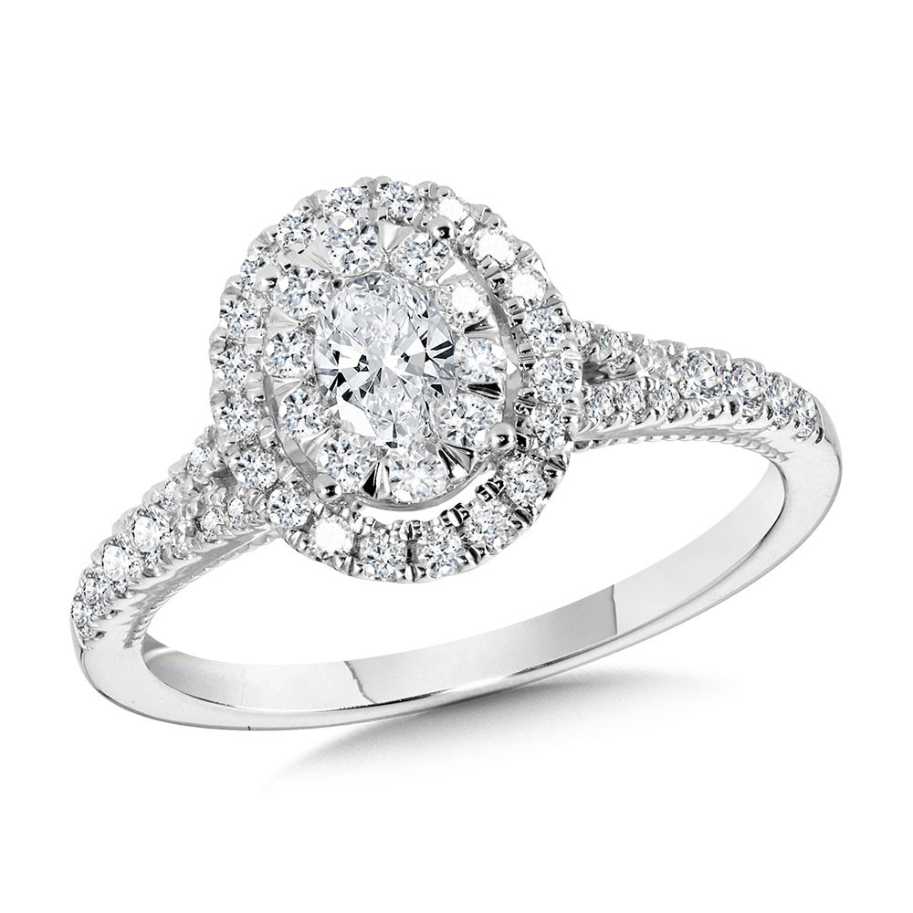 14K WHITE GOLD MILGRAIN HALO ENGAGEMENT RING SIZE 7 WITH ONE 0.25CT OVAL H-I SI3-I1 DIAMOND AND 56=0.50TW ROUND H-I SI3-I1 DIAMONDS    (3.66 GRAMS)