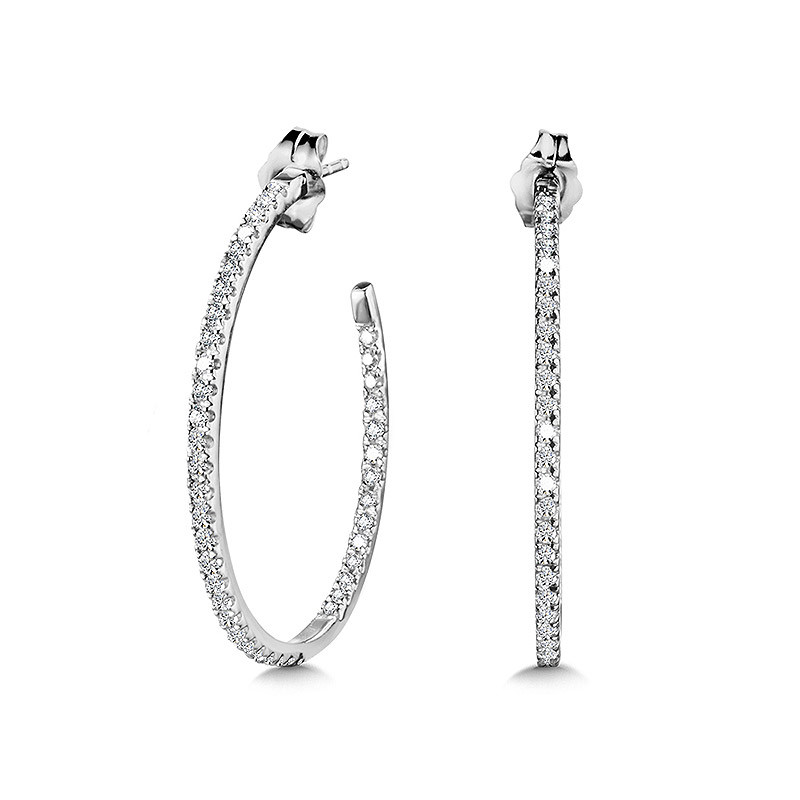 14K WHITE GOLD INSIDE OUT HOOP DIAMOND EARRINGS WITH 84=0.75TW ROUND H-I I1 DIAMONDS   (4.05 GRAMS)