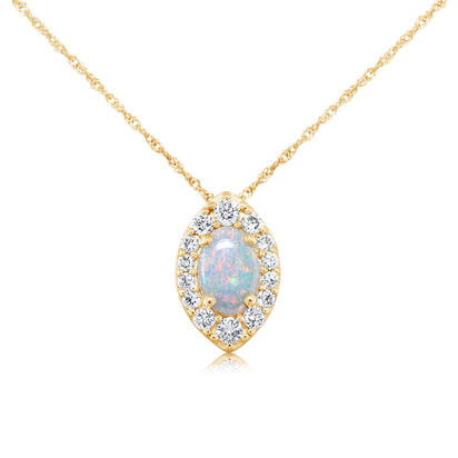 14K YELLOW GOLD HALO PENDANT WITH ONE OVAL LIGHT OPAL AND 14=0.26TW ROUND H-I SI2 DIAMONDS