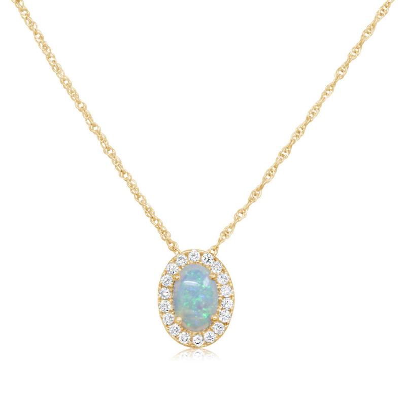 14K YELLOW GOLD HALO PENDANT WITH ONE = 0.27CT OVAL OPAL AND 18 = 0.11TW ROUND H-I SI2 DIAMONDS 18