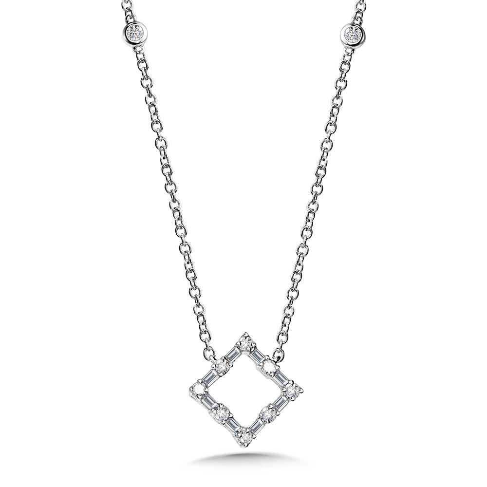 14K WHITE GOLD SQUARE DIAMOND NECKLACE WITH 12= ROUND DIAMONDS AND 8=0.25TW BAGUETTE H-I I1 DIAMONDS
