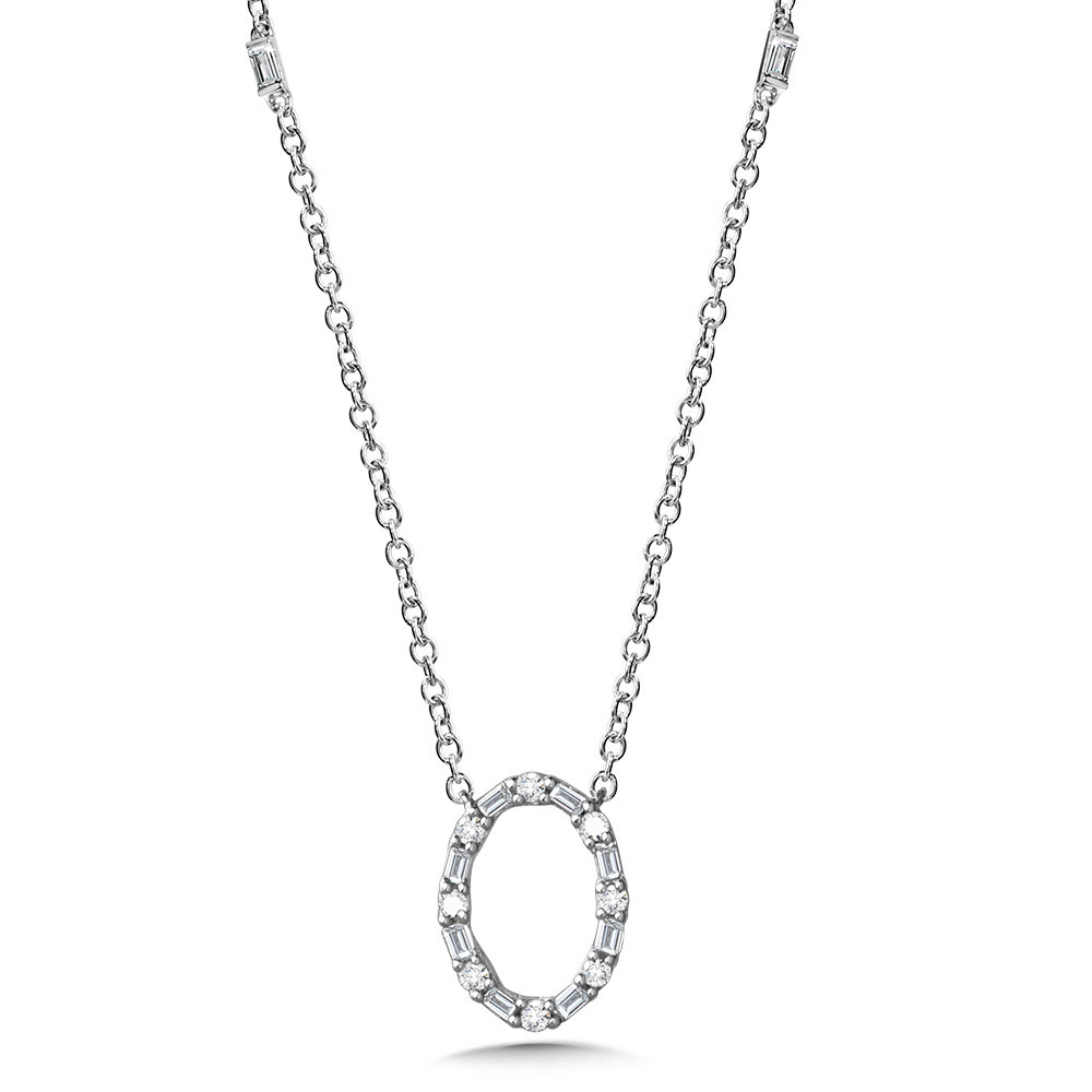 14K WHITE GOLD OVAL DIAMOND NECKLACE WITH 12= BAGUETTE DIAMONDS AND 8= ROUND H-I I1 DIAMONDS 0.25TW