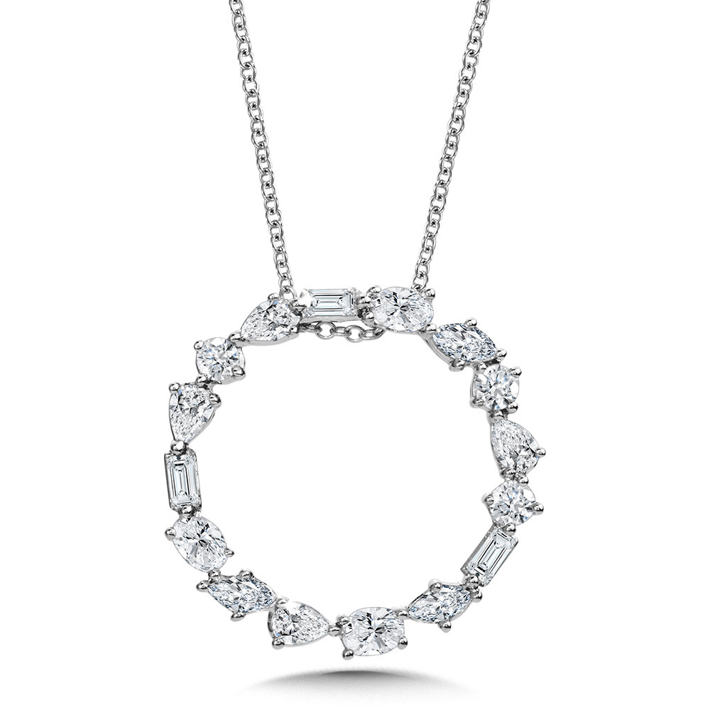 14K WHITE GOLD CIRCLE DIAMOND NECKLACE 3= ROUND DIAMONDS  3= BAGUETTE DIAMONDS  4= PEAR DIAMONDS  3= OVAL DIAMONDS AND 3= MARQUISE H-I I1 DIAMONDS 1.00TW