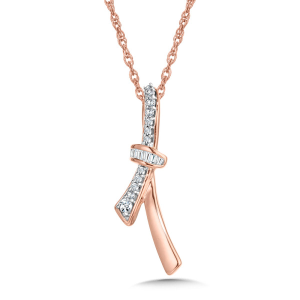 10K ROSE GOLD DIAMOND PENDANT LENGTH 18 WITH 5= BAGUETTE DIAMONDS AND 12= SINGLE CUT I-J I1 DIAMONDS 0.10TW