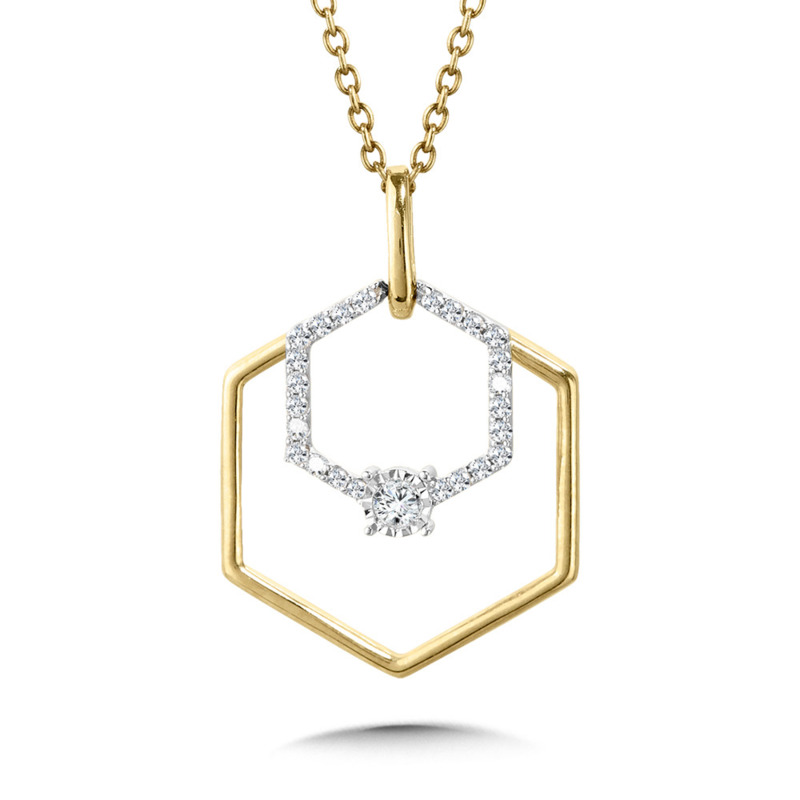 10K YELLOW & WHITE GOLD DOUBLE HEXAGON DIAMOND PENDANT WITH 25=0.08TW SINGLE CUT H-I I1 DIAMONDS 18