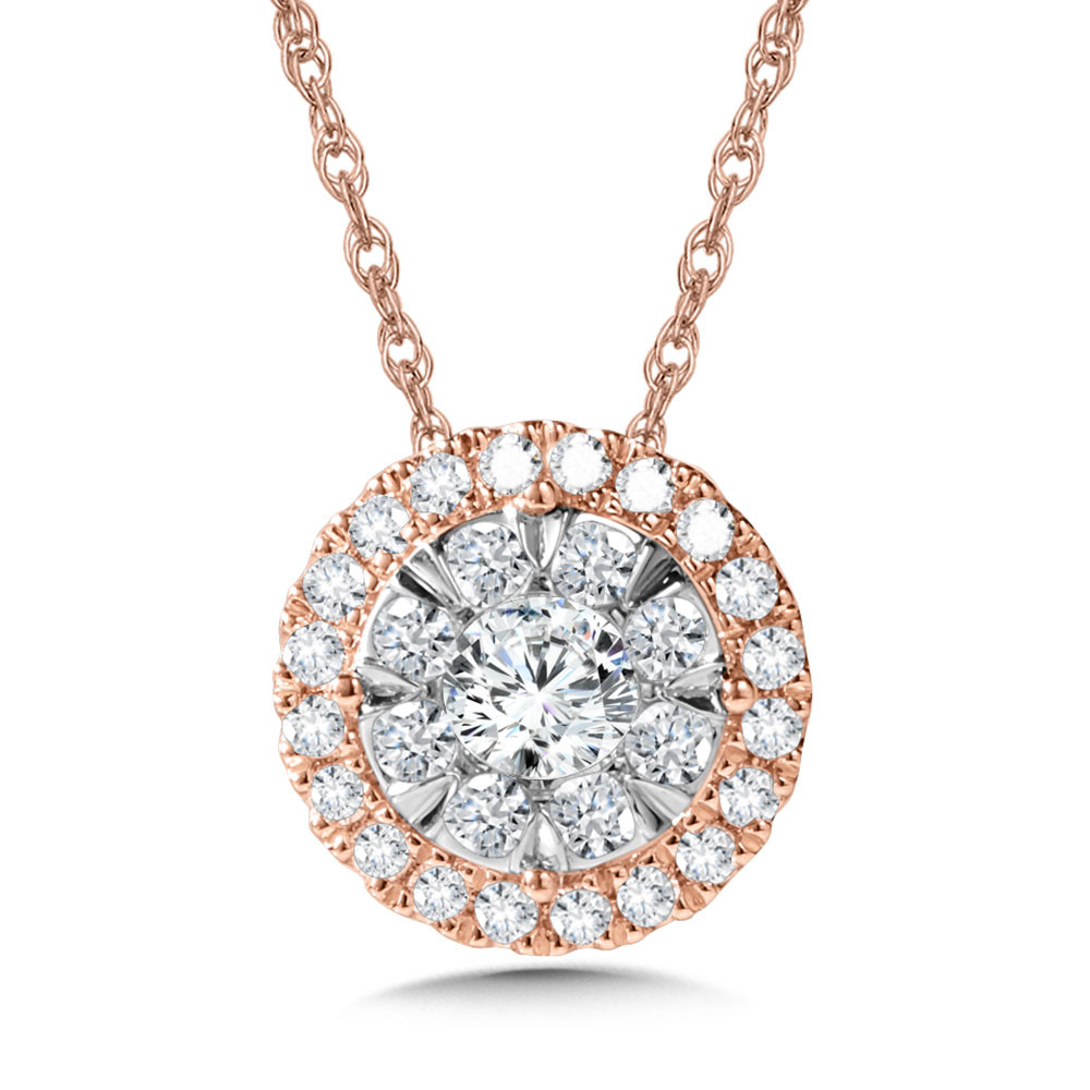 14K WHITE & ROSE GOLD HALO CLUSTER DIAMOND PENDANT WITH 29=0.50TW ROUND H-I SI2-I1 DIAMONDS