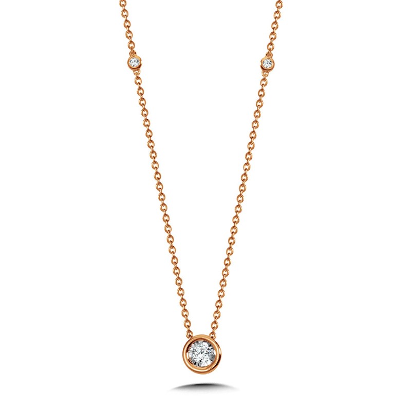 14K ROSE GOLD BEZEL DIAMOND NECKLACE WITH 5=0.10TW ROUND H-I SI2-I1 DIAMONDS 18