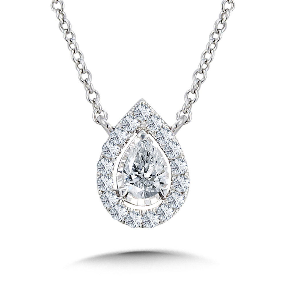 14K WHITE GOLD HALO DIAMOND NECKLACE WITH 17=0.25TW ROUND H-I I1 DIAMONDS AND ONE PEAR H-I I1 DIAMOND 18