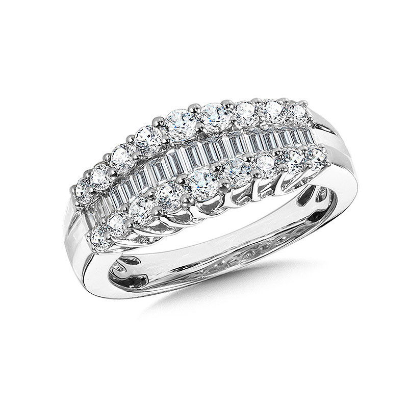 14K WHITE GOLD DIAMOND FASHION RING SIZE 7 WITH 18=1.00TW ROUND G-H I1 DIAMONDS AND 19= BAGUETTE G-H I1 DIAMONDS     (5.88 GRAMS)