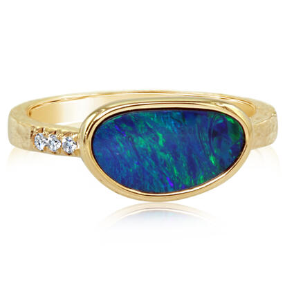 14K YELLOW GOLD BEZEL RING WITH ONE OPAL DOUBLET AND 3=0.03TW ROUND H-I SI2 DIAMONDS