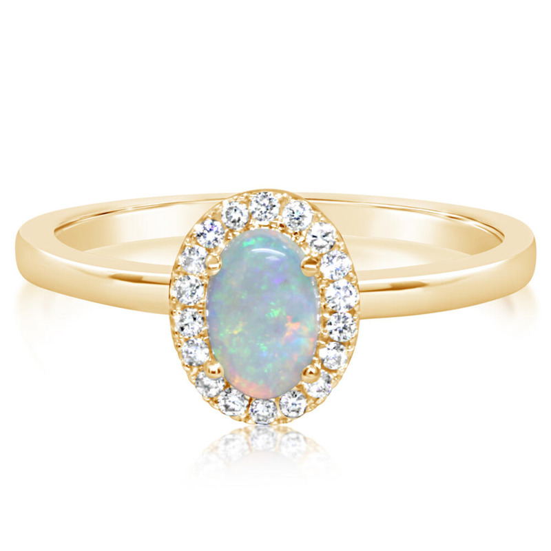 14K YELLOW GOLD HALO RING SIZE 7 WITH ONE = 0.27CT OVAL AUSTRALIAN OPAL AND 18 = 0.11TW ROUND H-I SI2 DIAMONDS   (2.40 GRAMS)