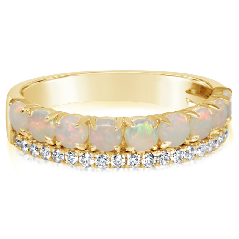 14K YELLOW GOLD STACKABLE RING SIZE 7 WITH 9 = 3.00MM ROUND AUSTRALIAN OPALS AND 20 = 0.19TW ROUND G-H SI1 DIAMONDS   (3.89 GRAMS)