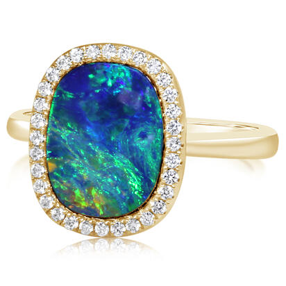 14K YELLOW GOLD HALO RING SIZE 7 WITH ONE 2.65CT OVAL OPAL AND 32=0.19TW ROUND H-I SI2 DIAMONDS   (3.99 GRAMS)