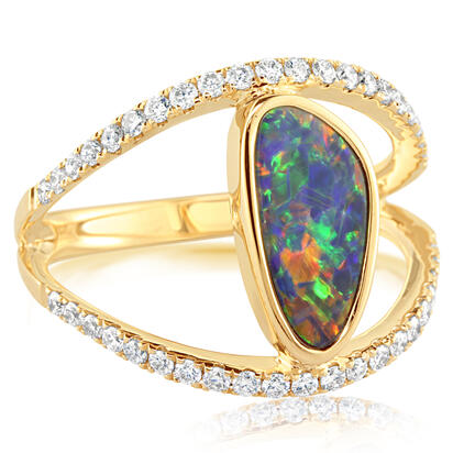 14K YELLOW GOLD SPLIT SHANK RING WITH ONE  OPAL DOUBLET AND 42=0.34TW ROUND H-I SI2 DIAMONDS
