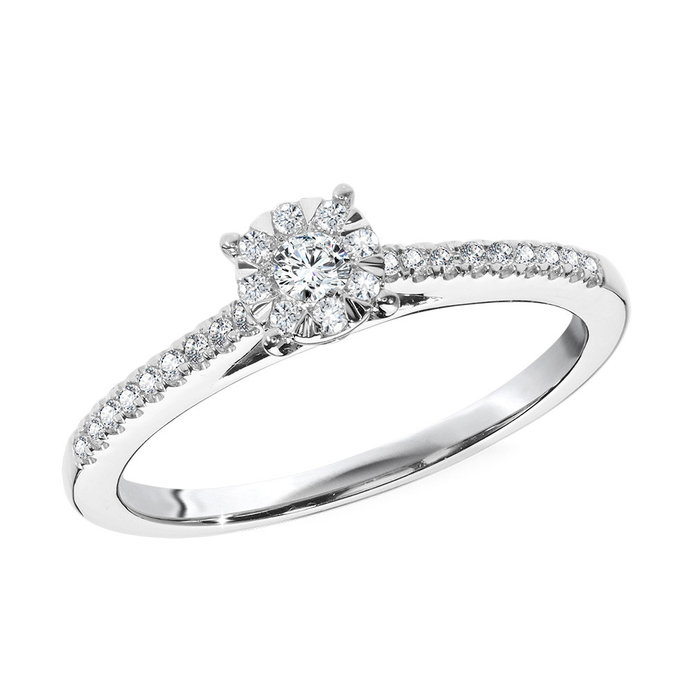 14K WHITE GOLD HALO ENGAGEMENT RING SIZE 7 WITH 29=0.25TW ROUND H-I SI3-I1 DIAMONDS   (2.52 GRAMS)