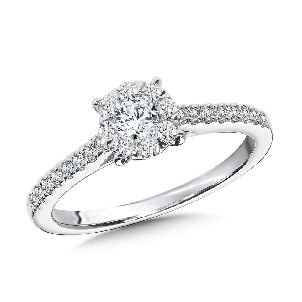14K WHITE GOLD HALO ENGAGEMENT RING SIZE 7 WITH 27=0.50TW ROUND H-I SI3-I1 DIAMONDS   (3.18 GRAMS)