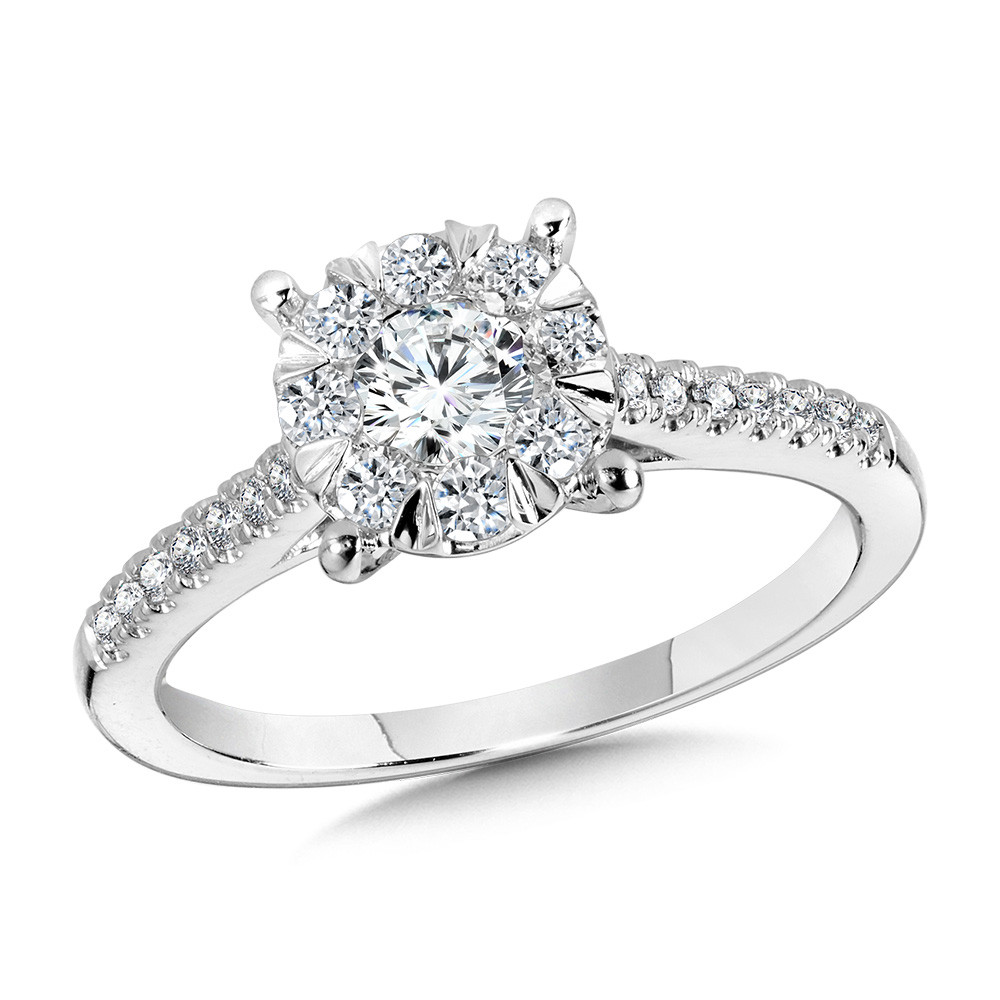 14K WHITE GOLD HALO ENGAGEMENT RING SIZE 7 WITH 25=0.75TW ROUND H-I SI3-I1 DIAMONDS   (3.65 GRAMS)