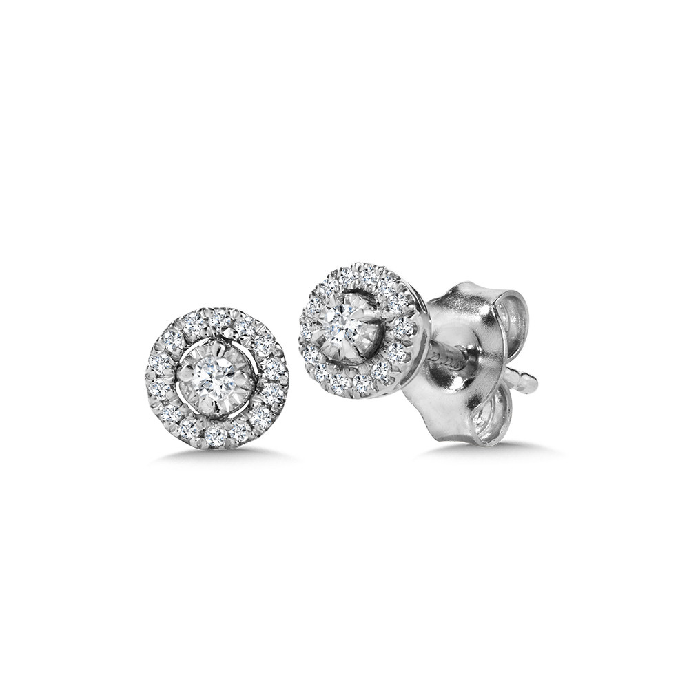 14K WHITE GOLD HALO DIAMOND EARRINGS WITH 30=0.10TW ROUND H-I I1 DIAMONDS   (1.02 GRAMS)